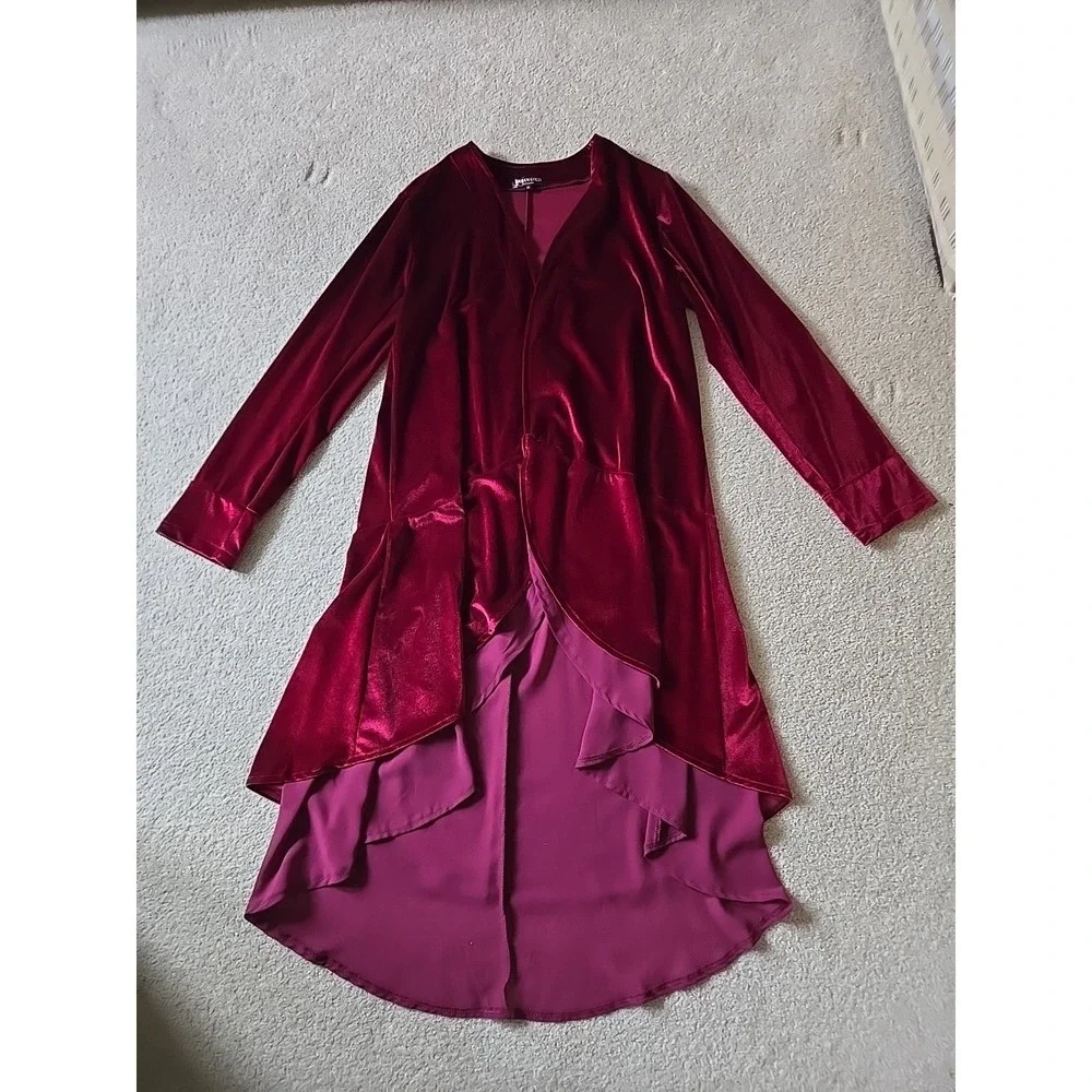 Urban CoCo Wine Red Velvet Cardigan Coat w/‎ Asymmetric Chiffon Hem Open Front M